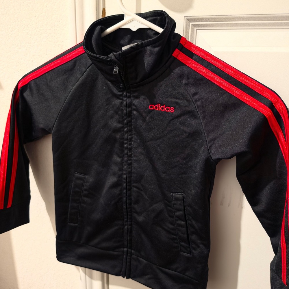 Adidas Kids Track Jacket Black Red 3-Stripe Full Zip Mock Neck 3T Toddler